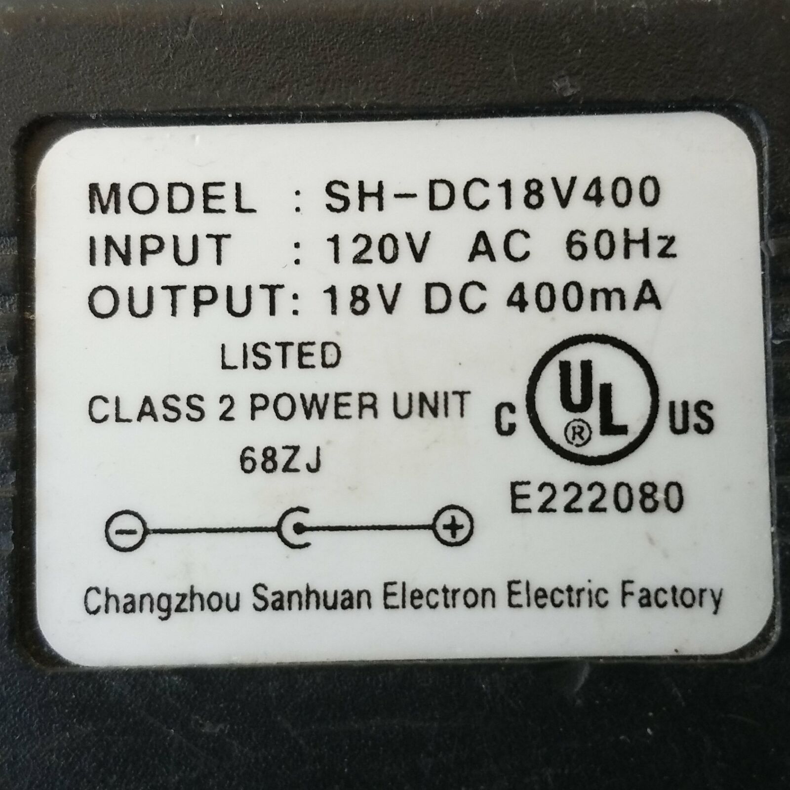 New 18V DC 400mA Changzou Sanhuan Electron SH-DC18V400 Class 2 Transformer Ac Adapter